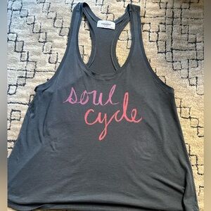 Soul Cycle grey tank with orange and pink cursive. Size medium